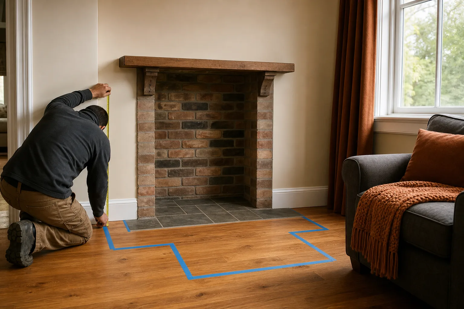 Pellet stove location marked on a hearth beside combustible walls and furniture