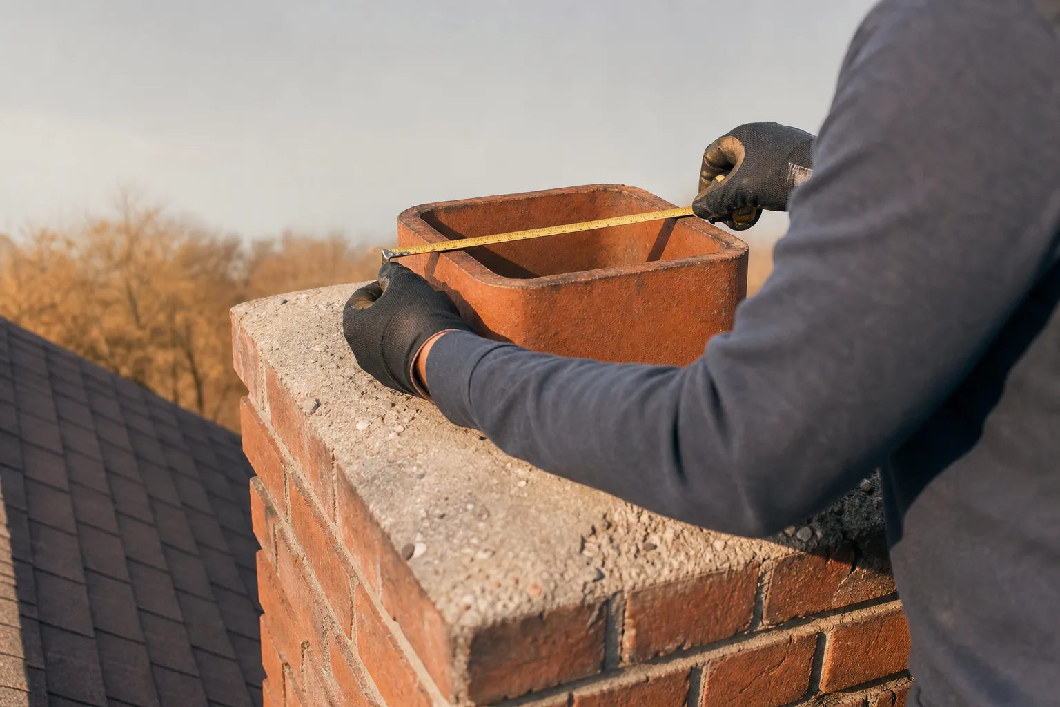 Replacement chimney cap being measured against a square clay flue tile