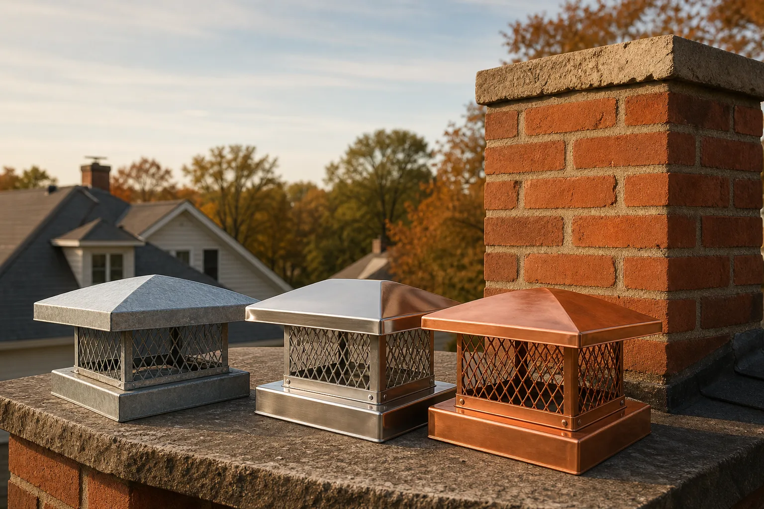 Chimney cap replacement options in galvanized steel, stainless steel, and copper