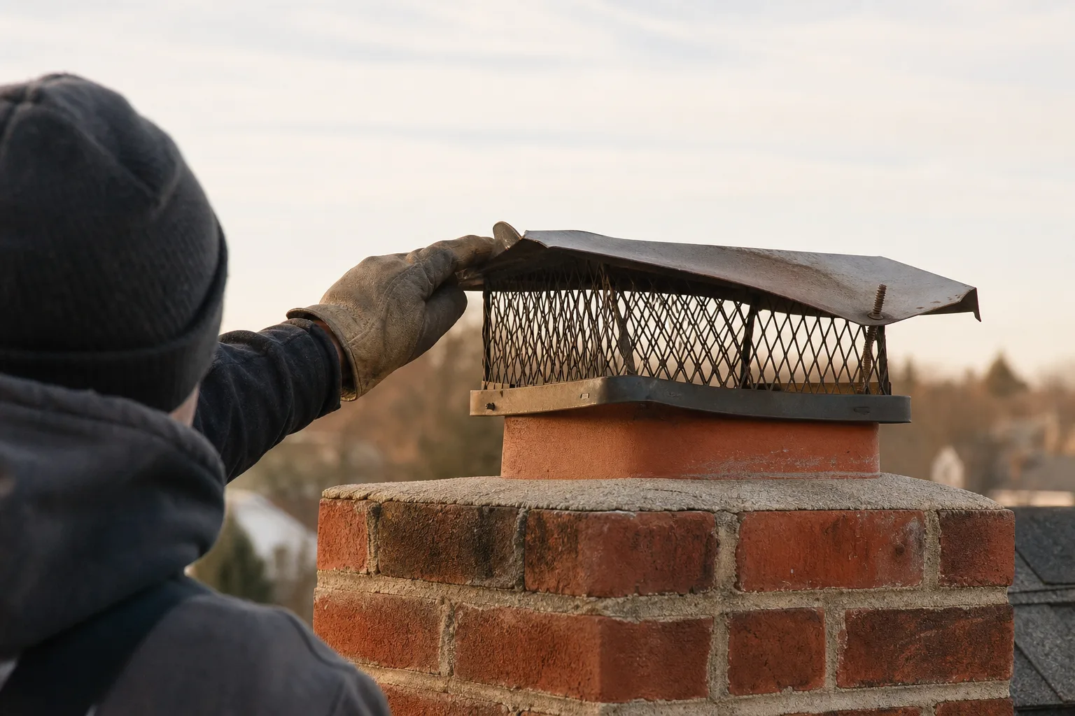 Chimney cap replacement inspection reveals a bent cover and loose fastener
