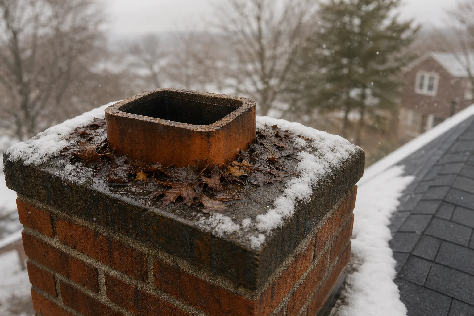 Missing chimney cap exposes an open flue to snow and wet leaves
