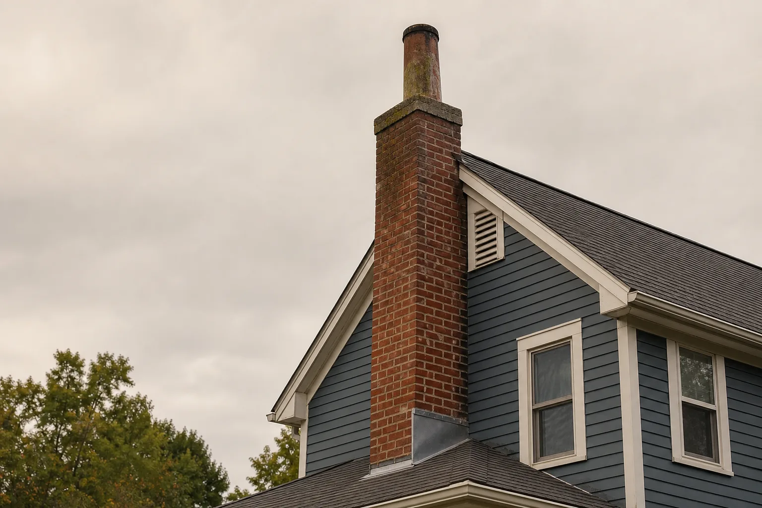 Chimney pot in weathered clay standing above the brick chimney of an American house