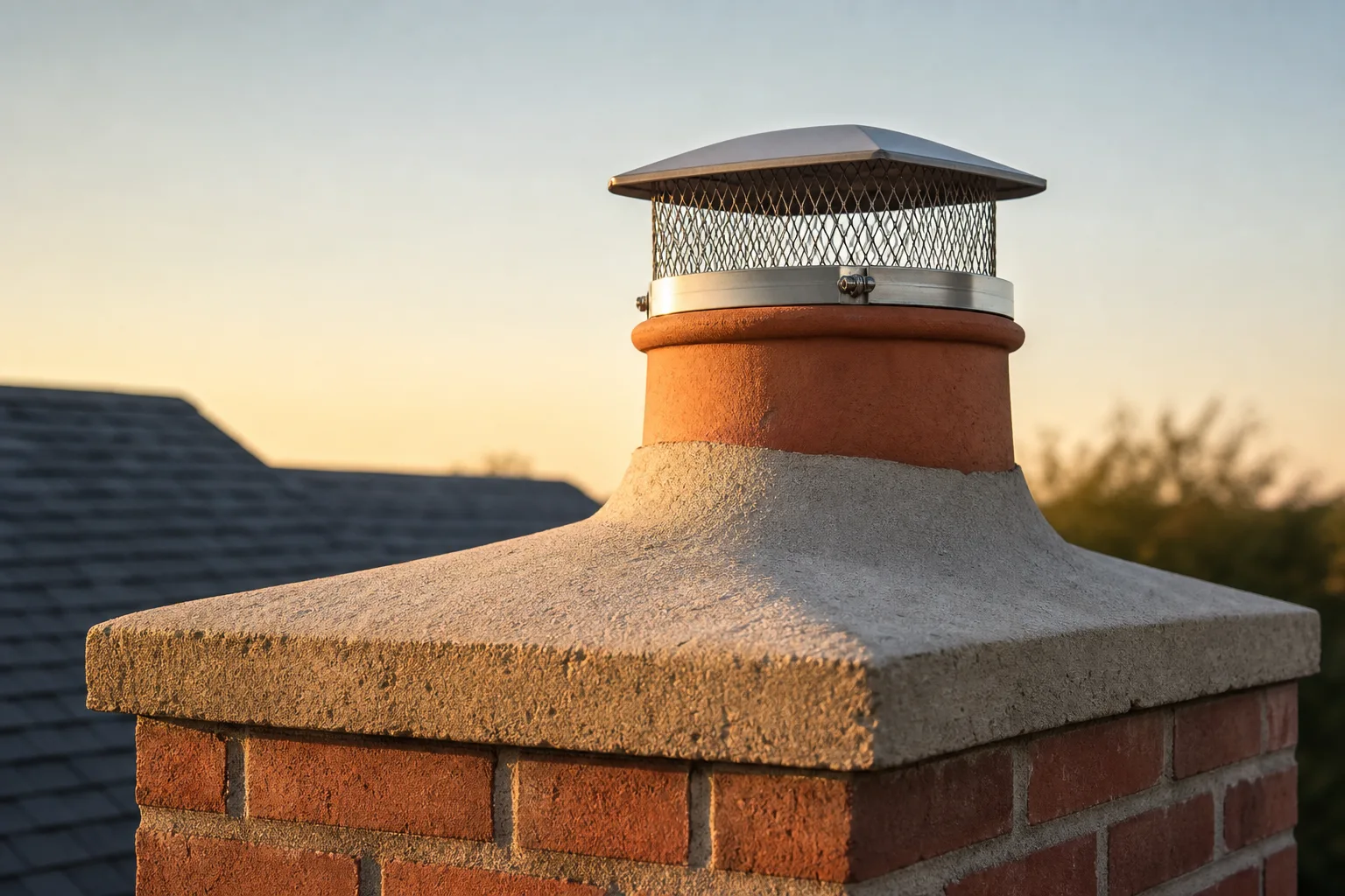 Chimney pot on its crown with the haunching collar and steel cap all visible