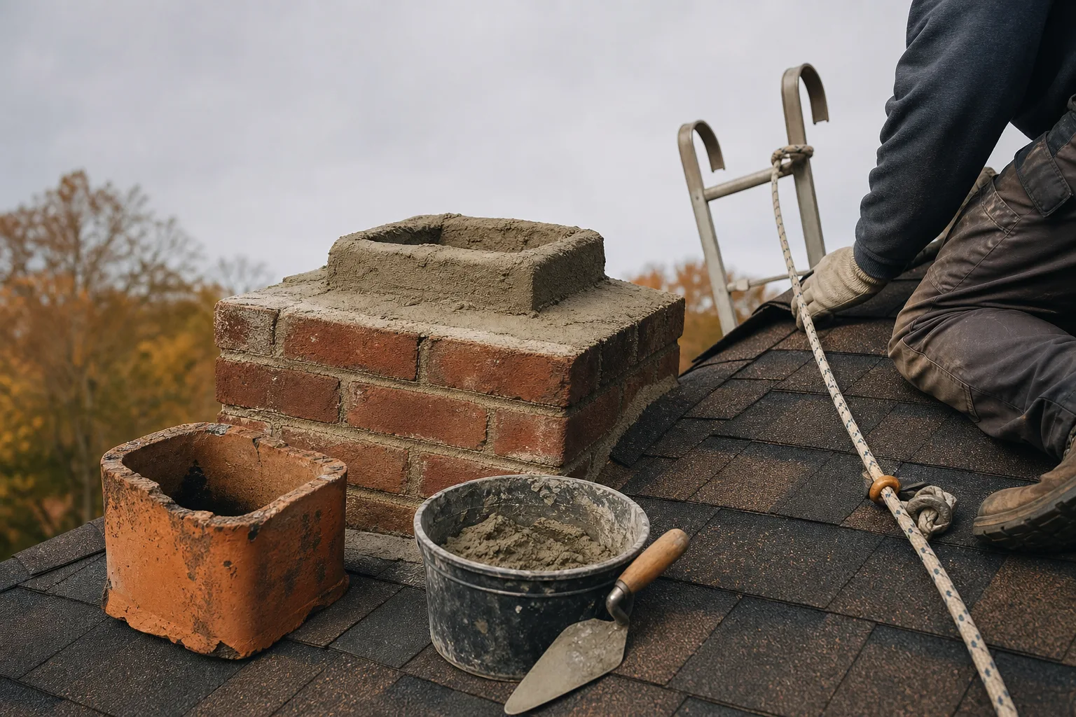 Chimney pot removed and set on the roof during a chimney crown and haunching repair