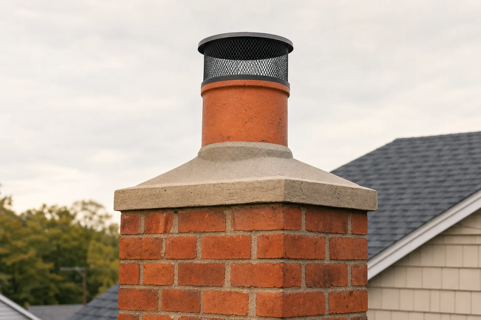 Chimney pot in sound condition, standing plumb with intact haunching and a mesh cap