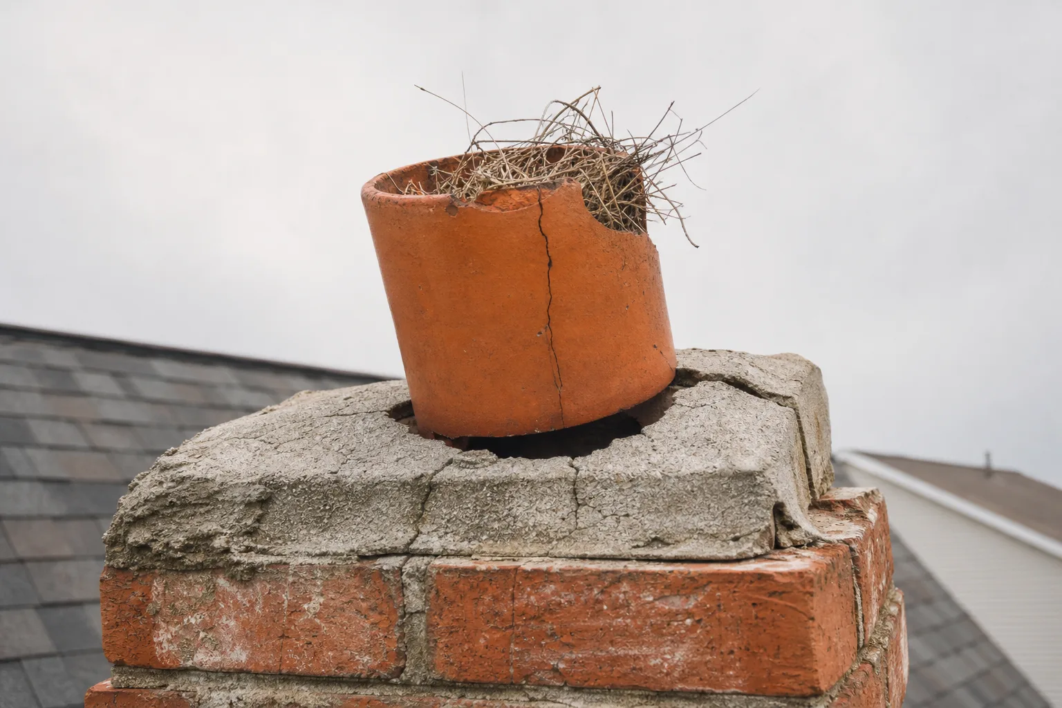 Chimney pot in typical worn condition, cracked and leaning with a nest in the top