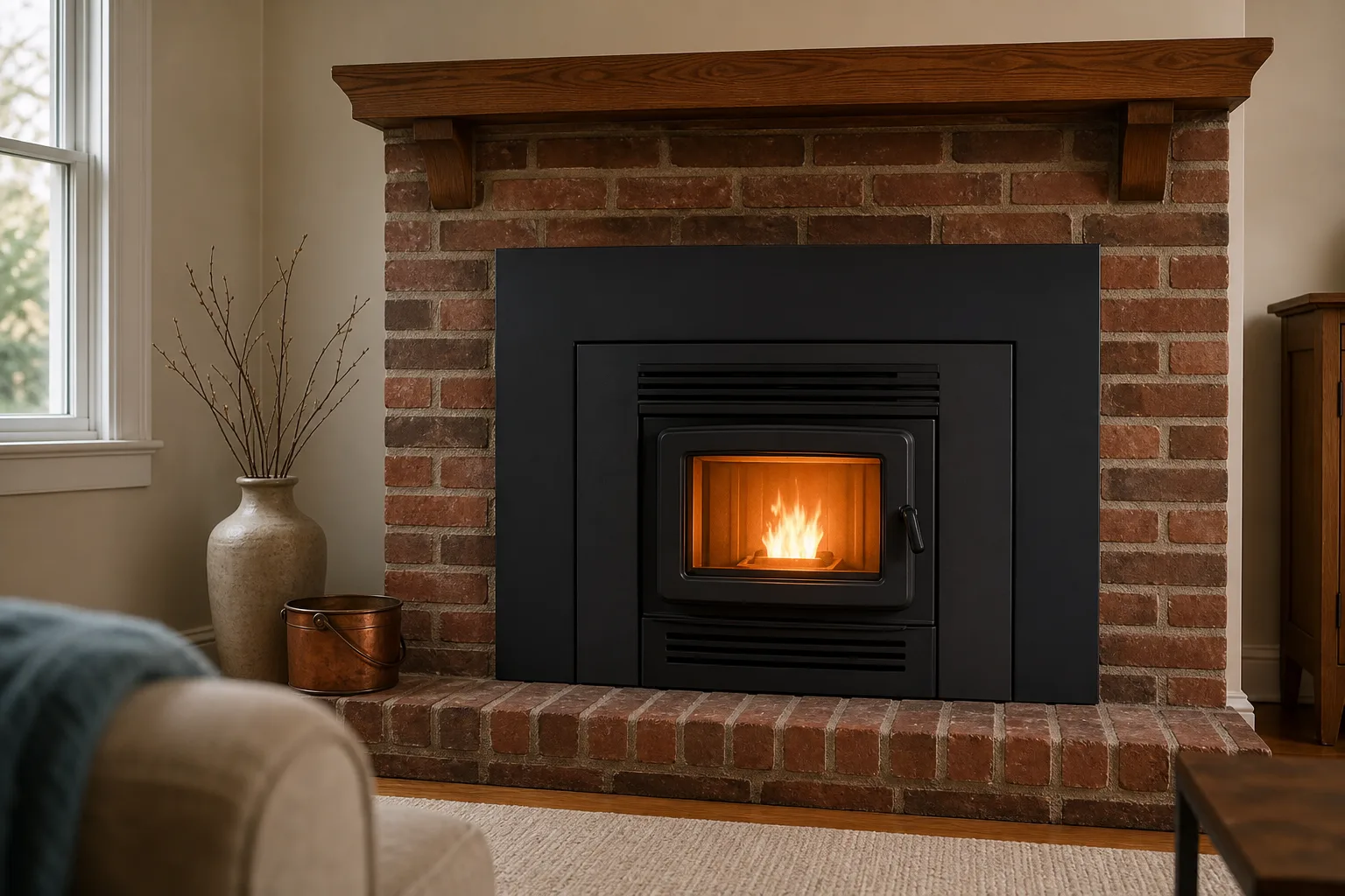 pellet stove installation cost by type: a pellet insert with its surround panel set into an existing brick fireplace