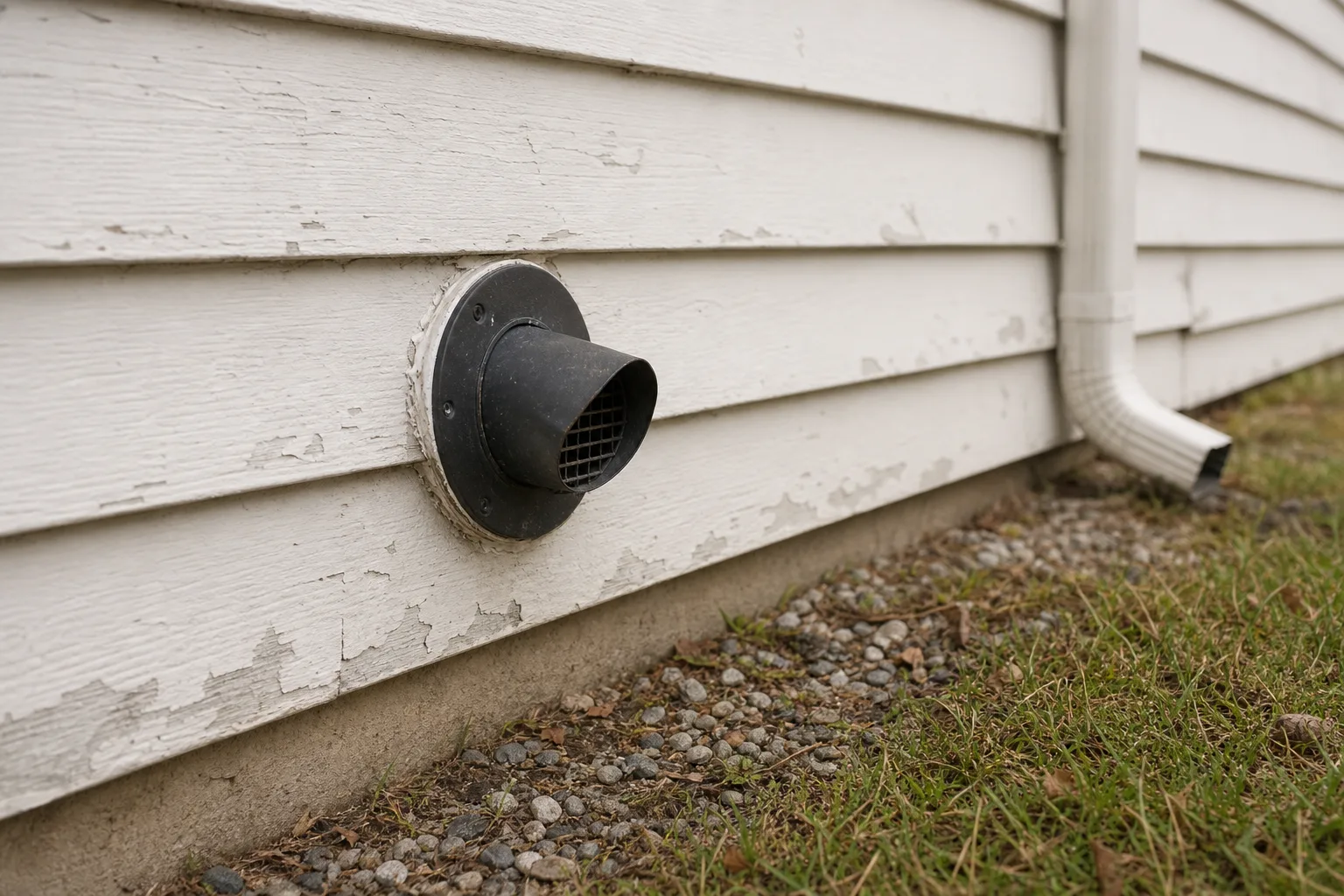pellet stove installation cost and venting: a pellet vent termination cap and wall thimble low on a clapboard exterior wall