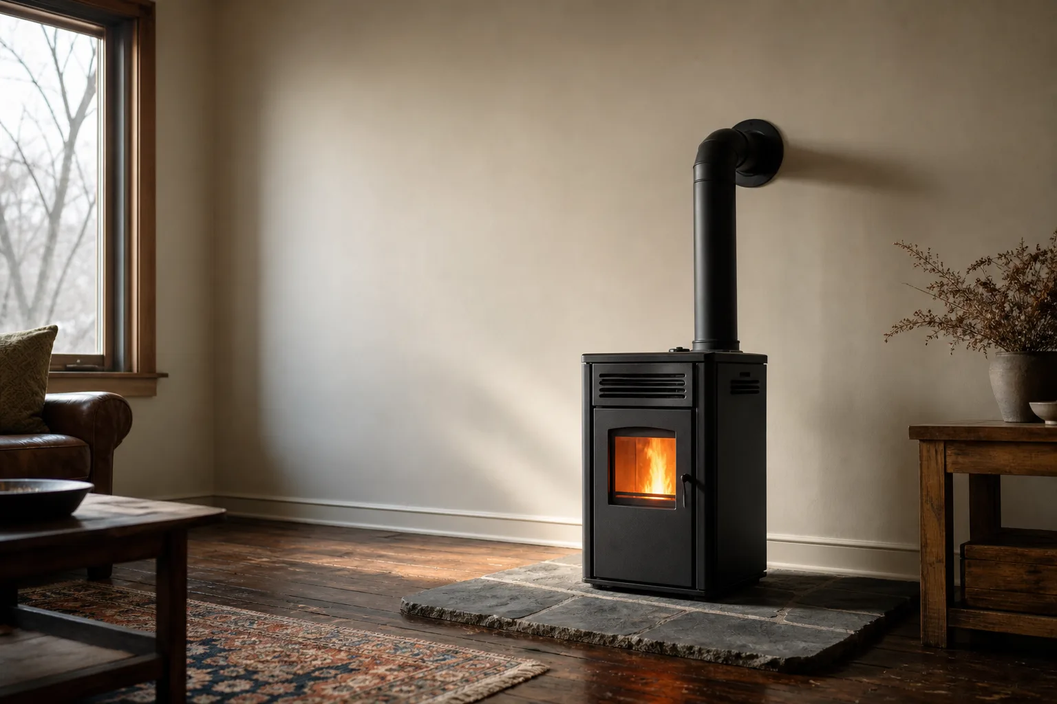 pellet stove installation cost: a freestanding pellet stove burning on a stone hearth pad in a living room