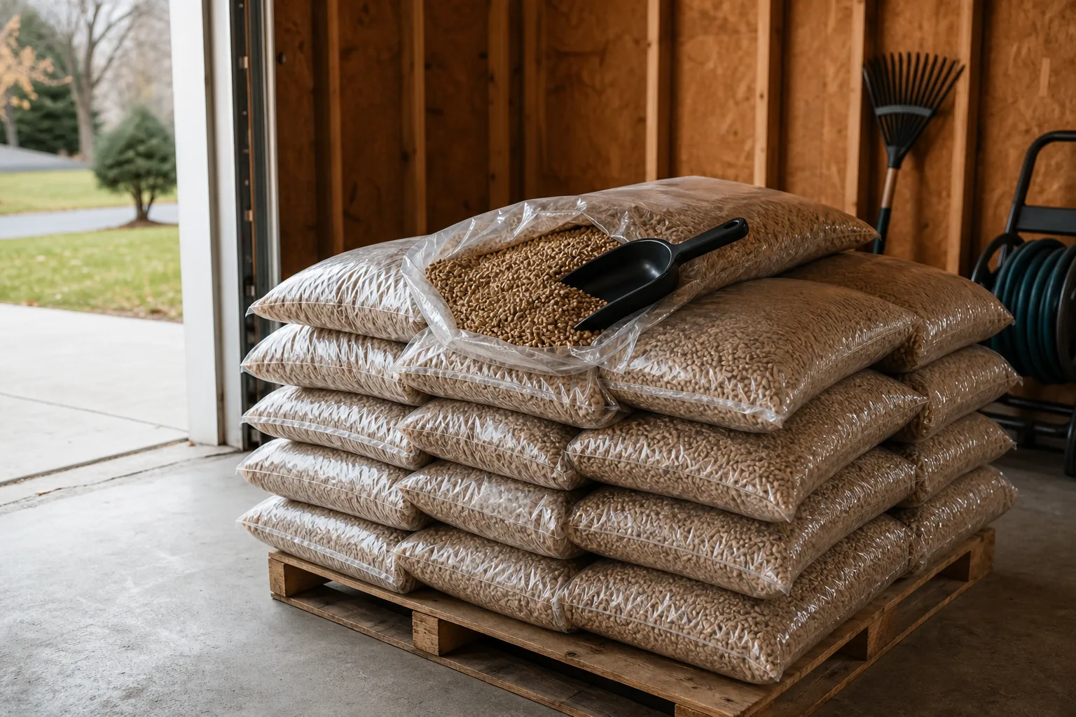 pellet stove installation cost factors: forty pound bags of wood pellets stacked on a pallet in a garage