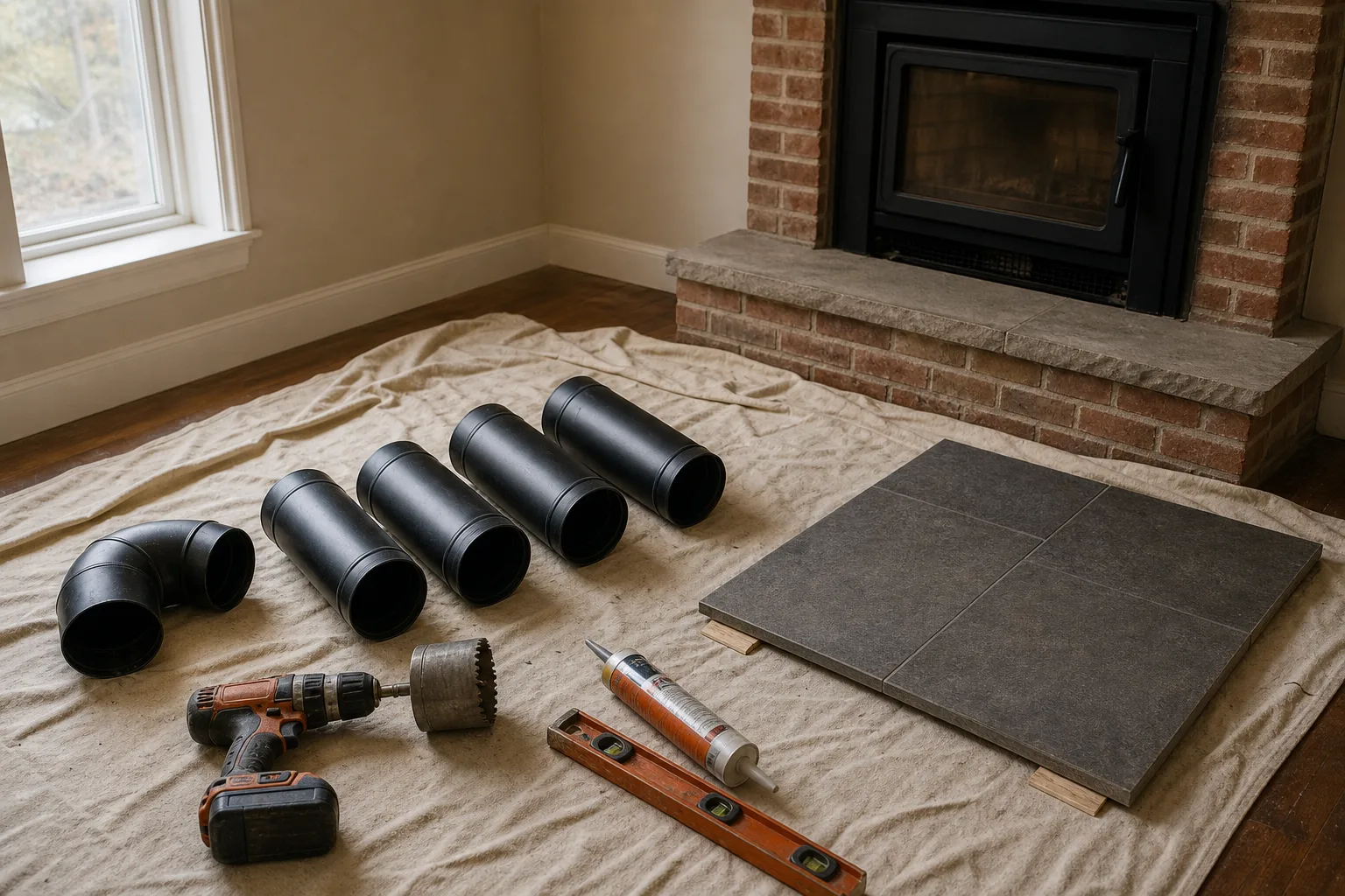 pellet stove installation cost breakdown: vent pipe sections, hole saw and hearth pad laid out on install day
