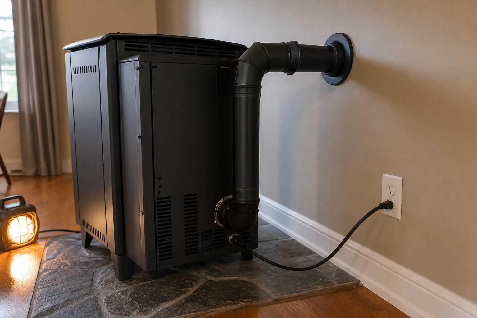 pellet stove installation cost labor: vent pipe and the electrical outlet behind a freestanding pellet stove