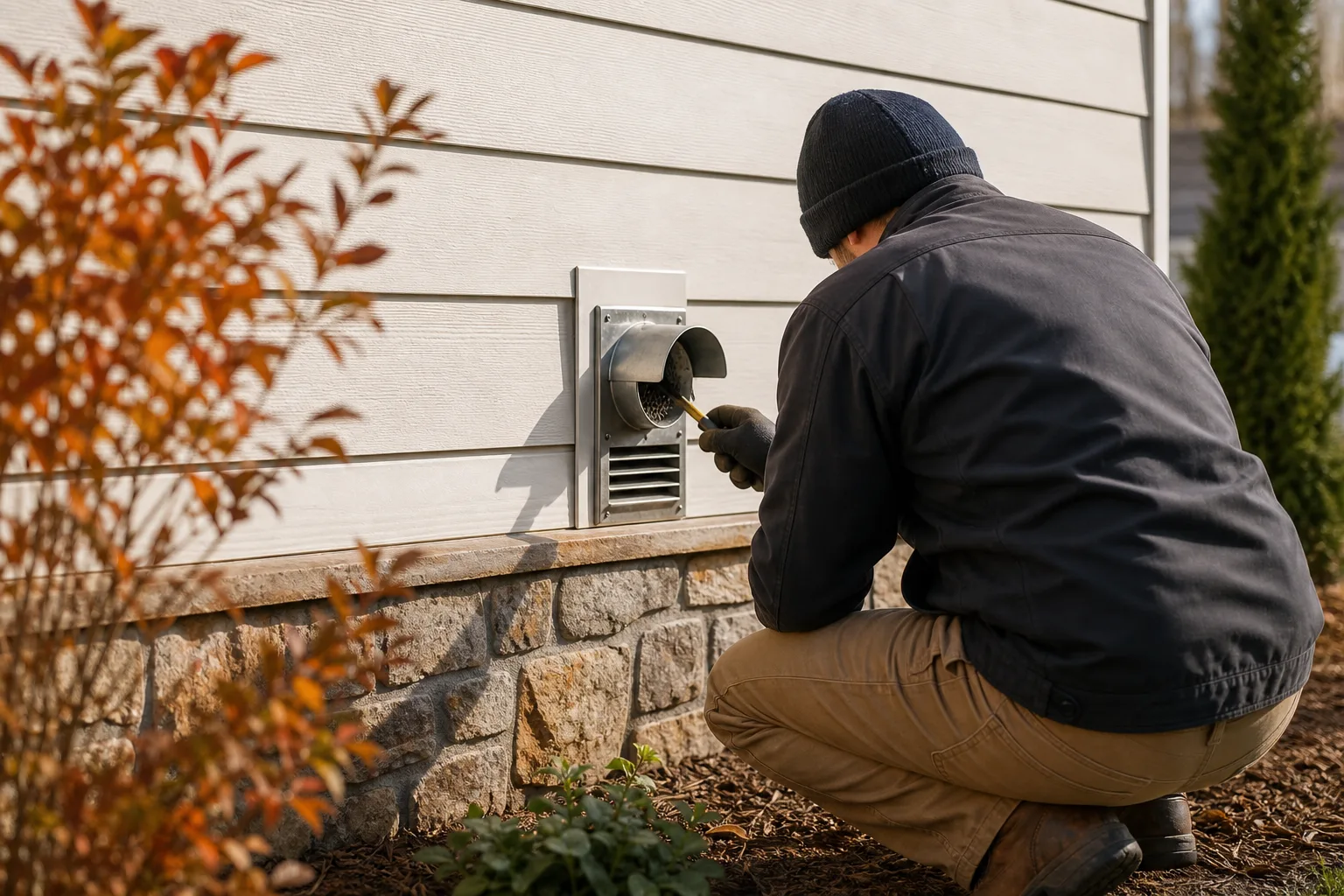 Gas fireplace maintenance technician checks a direct vent termination outside a home