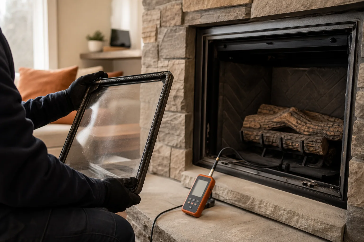 Gas fireplace glass gasket inspected beside a handheld combustion testing instrument