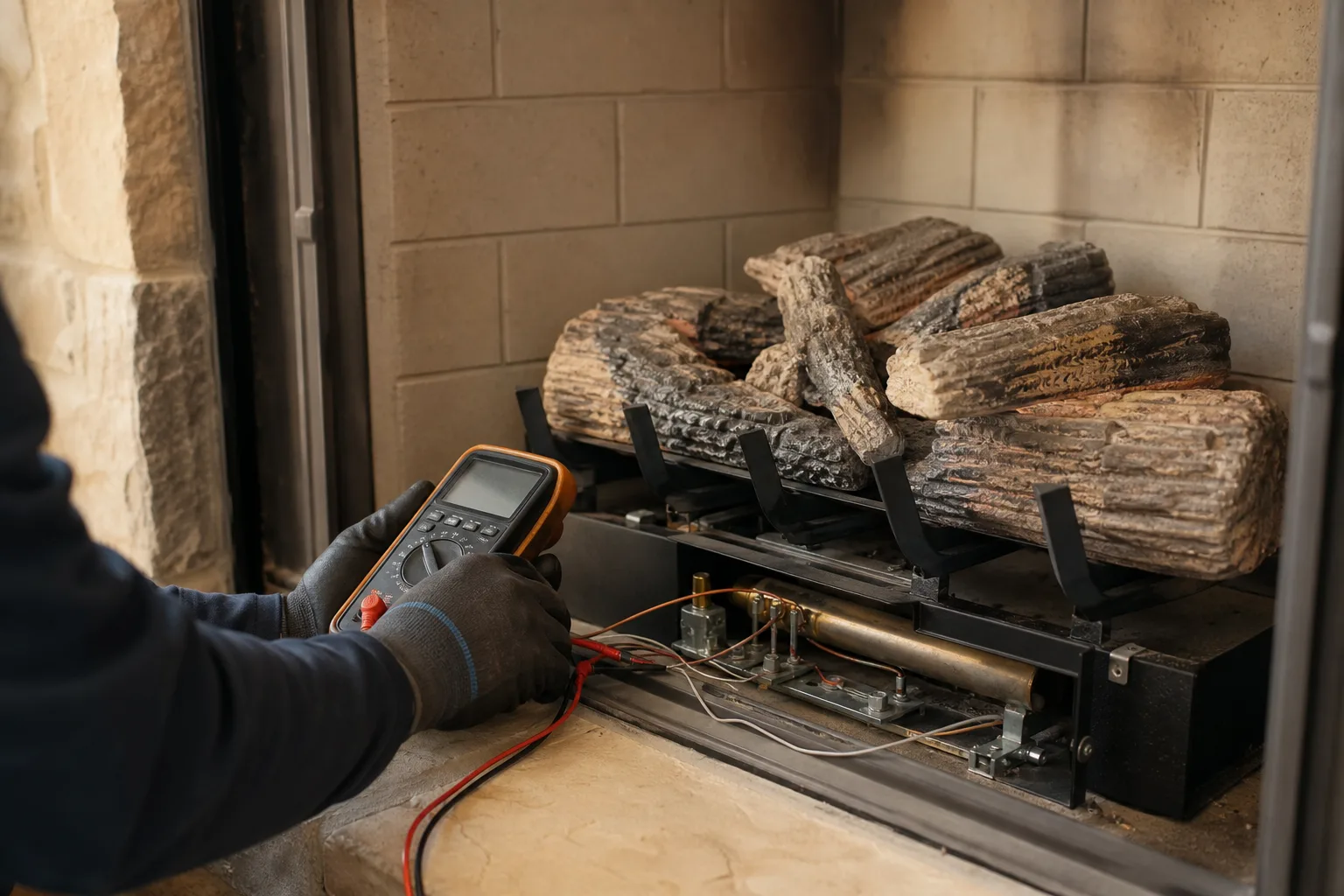 Gas fireplace pilot assembly tested with a meter beside correctly positioned ceramic logs
