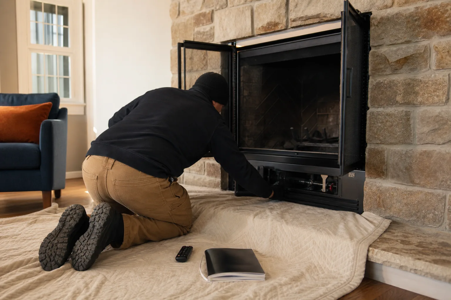 Gas fireplace service begins with a technician protecting the hearth and inspecting controls