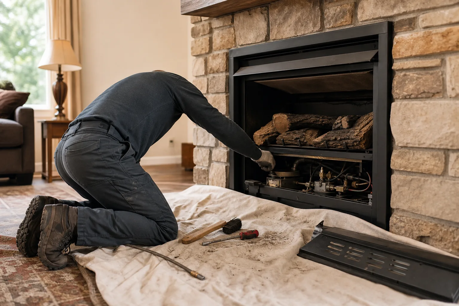 Gas fireplace service technician inspects burner components beside an open firebox