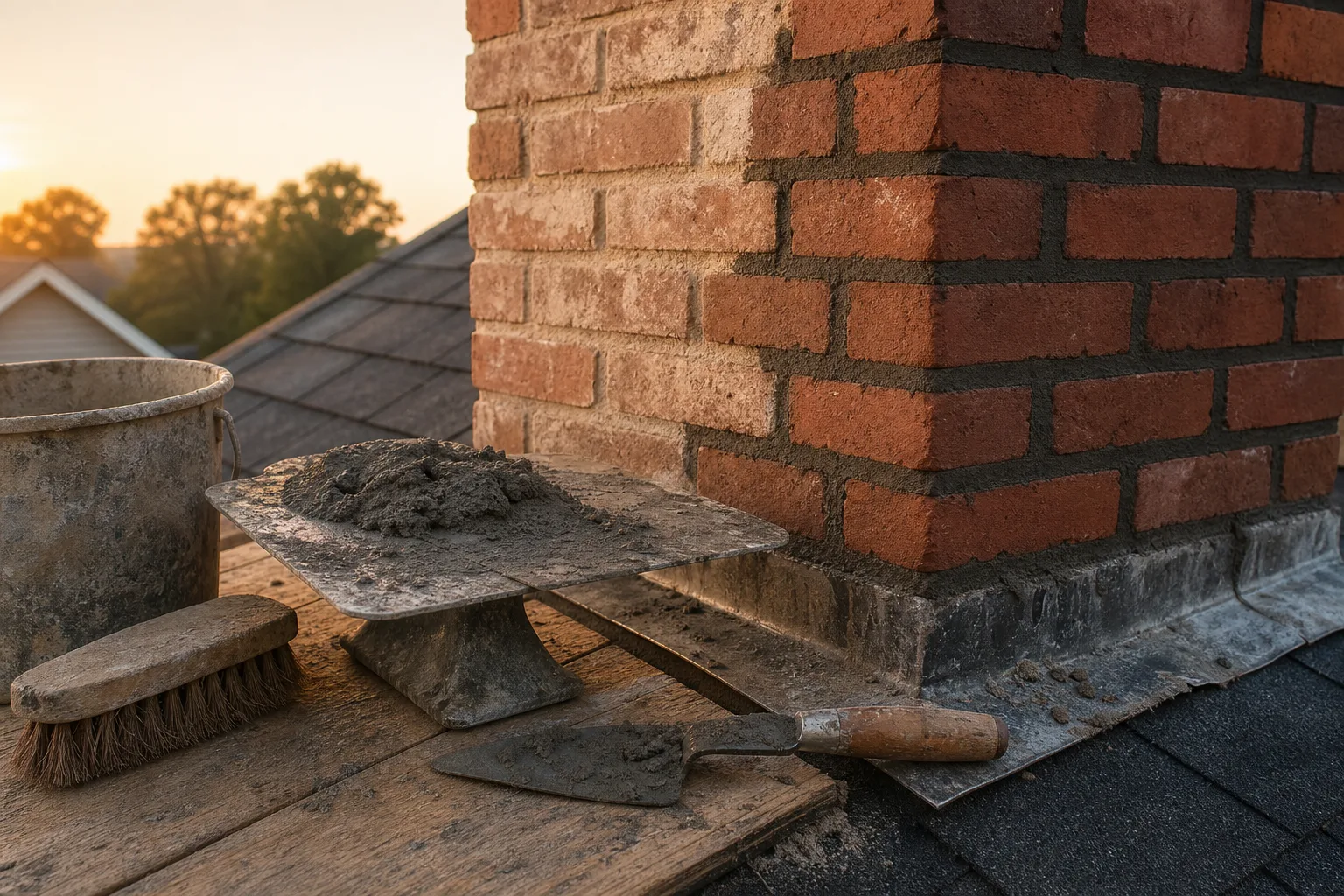 chimney mortar repair tools with fresh mortar beside a partly repointed brick chimney stack