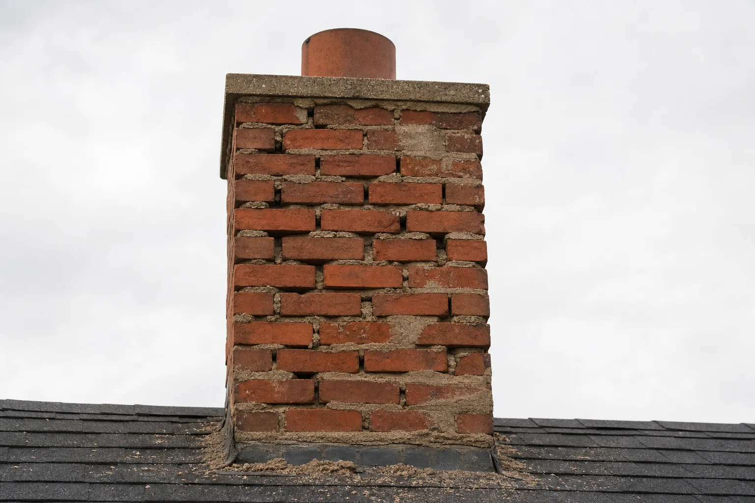 chimney mortar repair candidate showing typical deteriorated joints and mortar crumbs on the shingles below