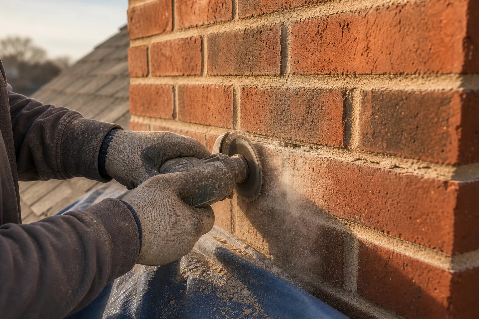 chimney mortar repair in progress as a mason grinds out a failed mortar joint with a diamond blade