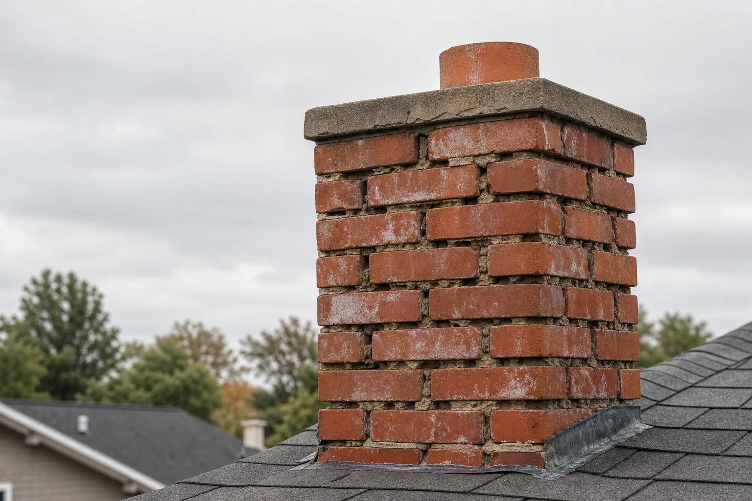 chimney mortar repair needed on a brick chimney with deeply recessed and missing mortar joints