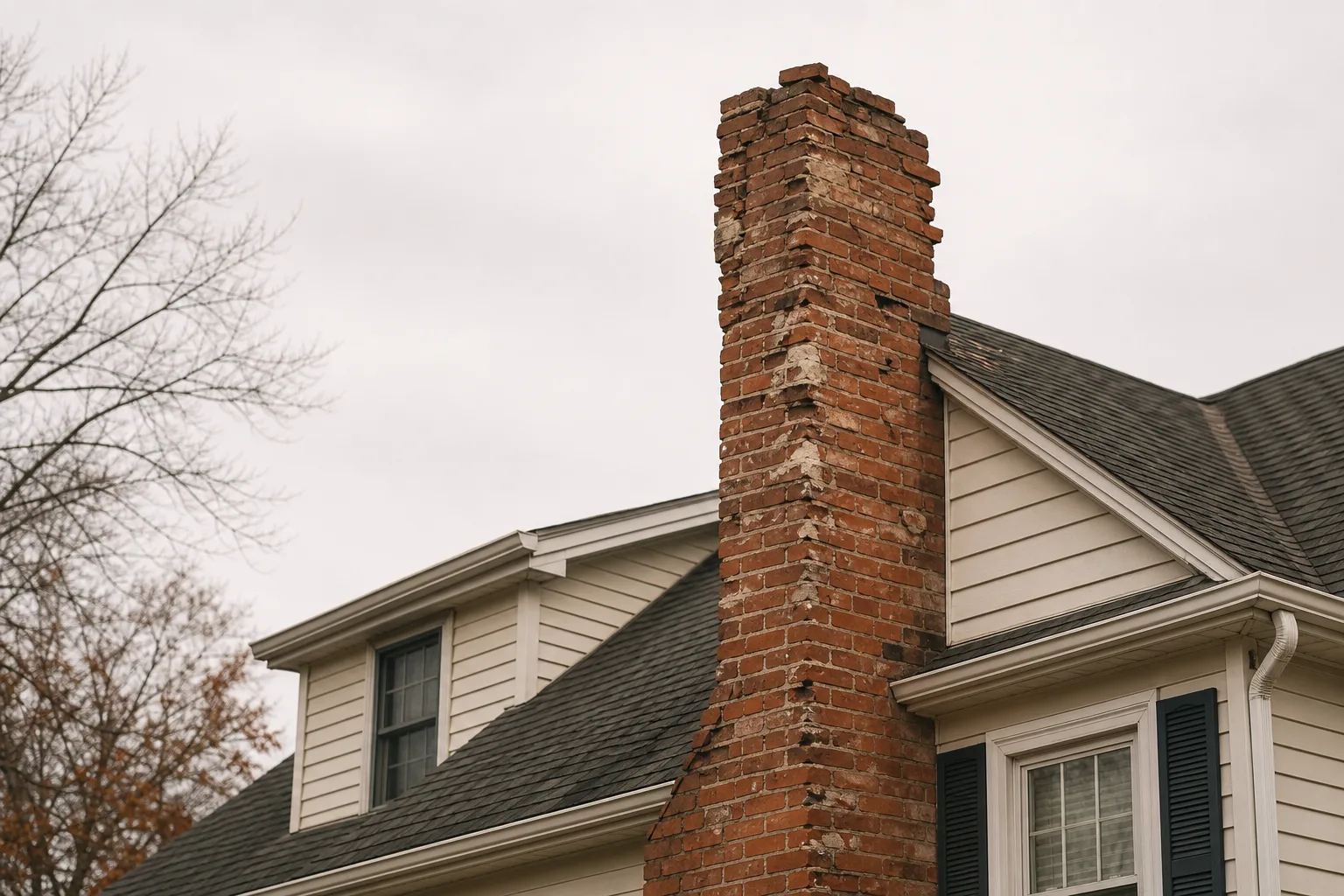 chimney mortar repair versus rebuild decision on a stack with displaced courses and spalled brick