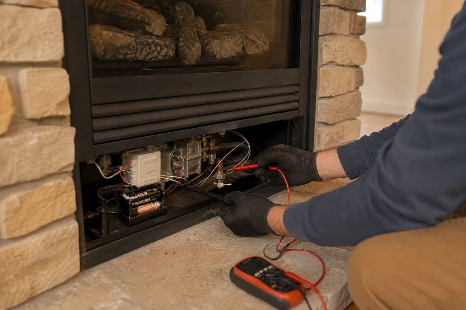 Gas fireplace repair technician tests an electronic ignition module beneath the firebox