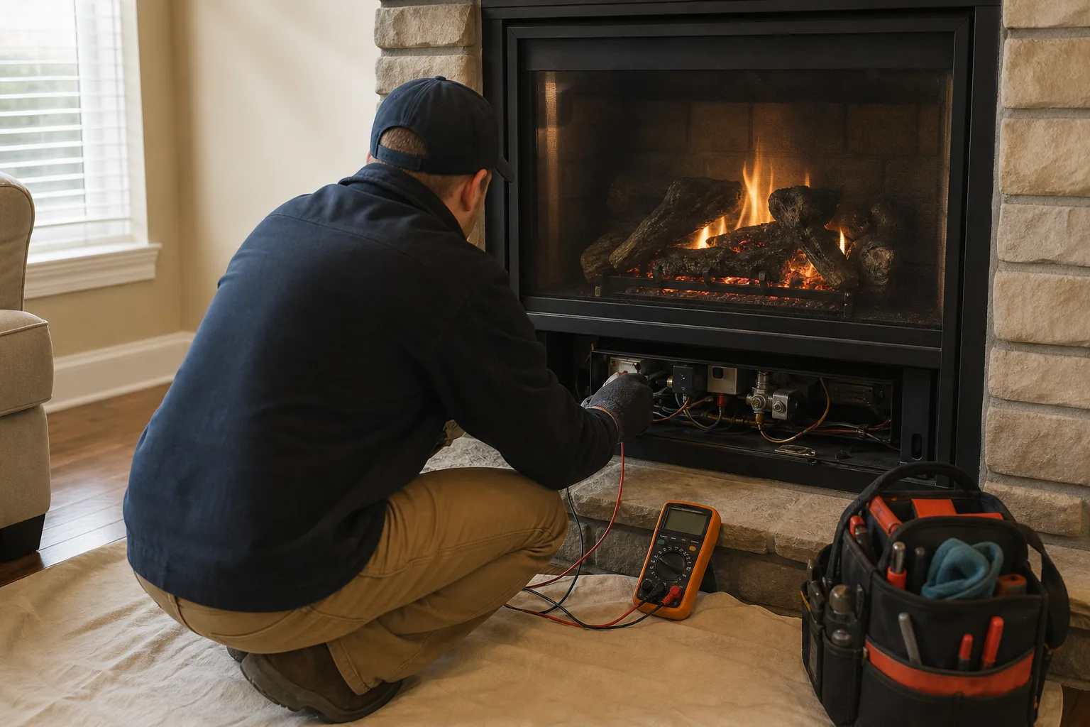 Gas fireplace repair technician measures control signals inside an open service compartment
