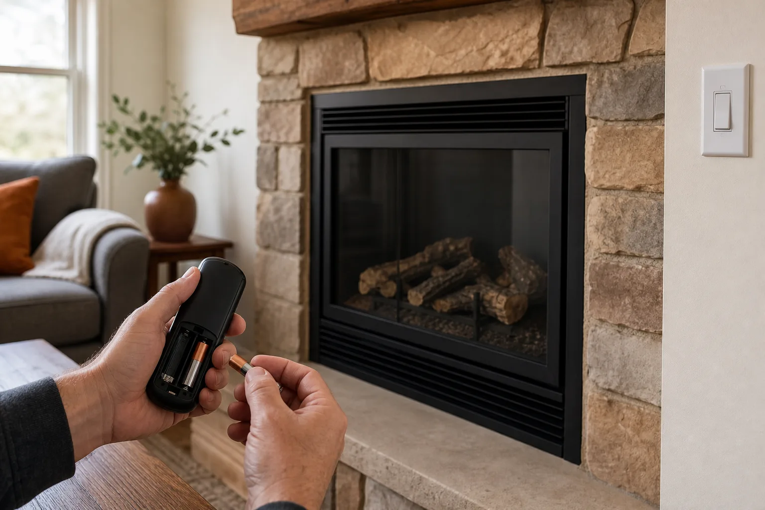 Gas fireplace repair preparation with fresh remote batteries beside an unlit hearth