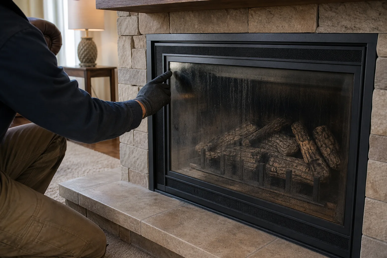 Gas fireplace repair inspection reveals black soot on sealed glass and logs