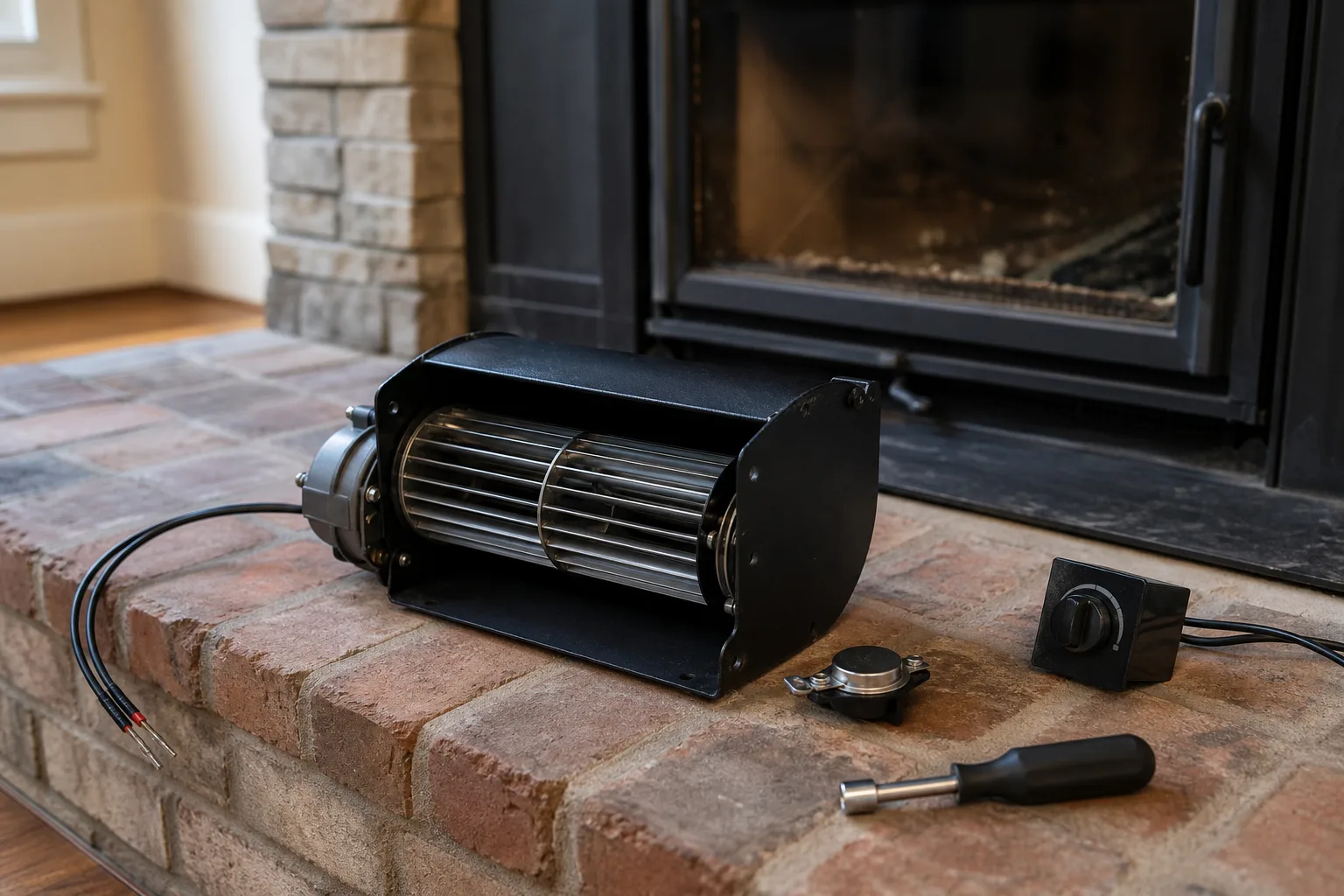 Wood fireplace inserts with blower kits include a squirrel-cage fan, a speed control and a thermal switch