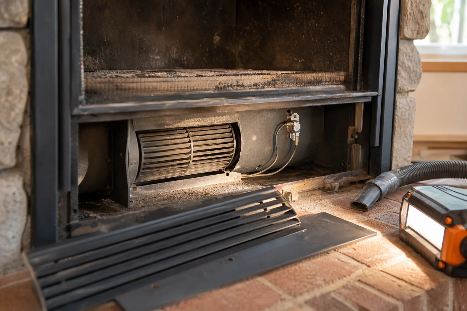 Wood fireplace inserts with blower collect dust on the squirrel-cage fan and need it vacuumed each year