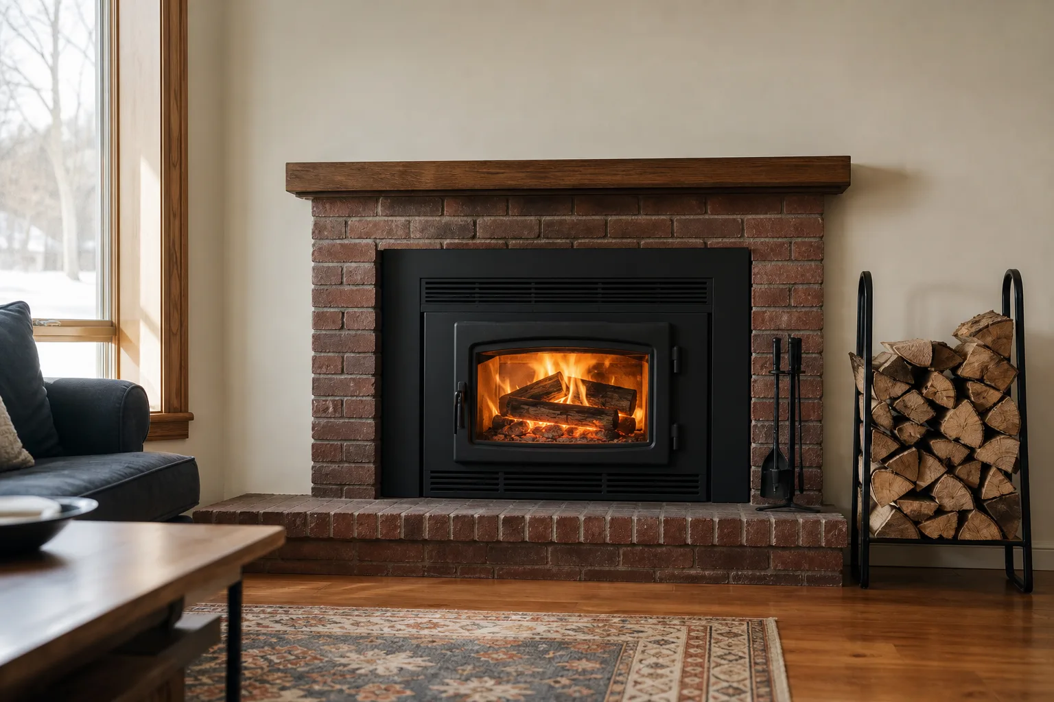 Wood fireplace inserts with blower installed in a brick masonry fireplace with the glass door glowing