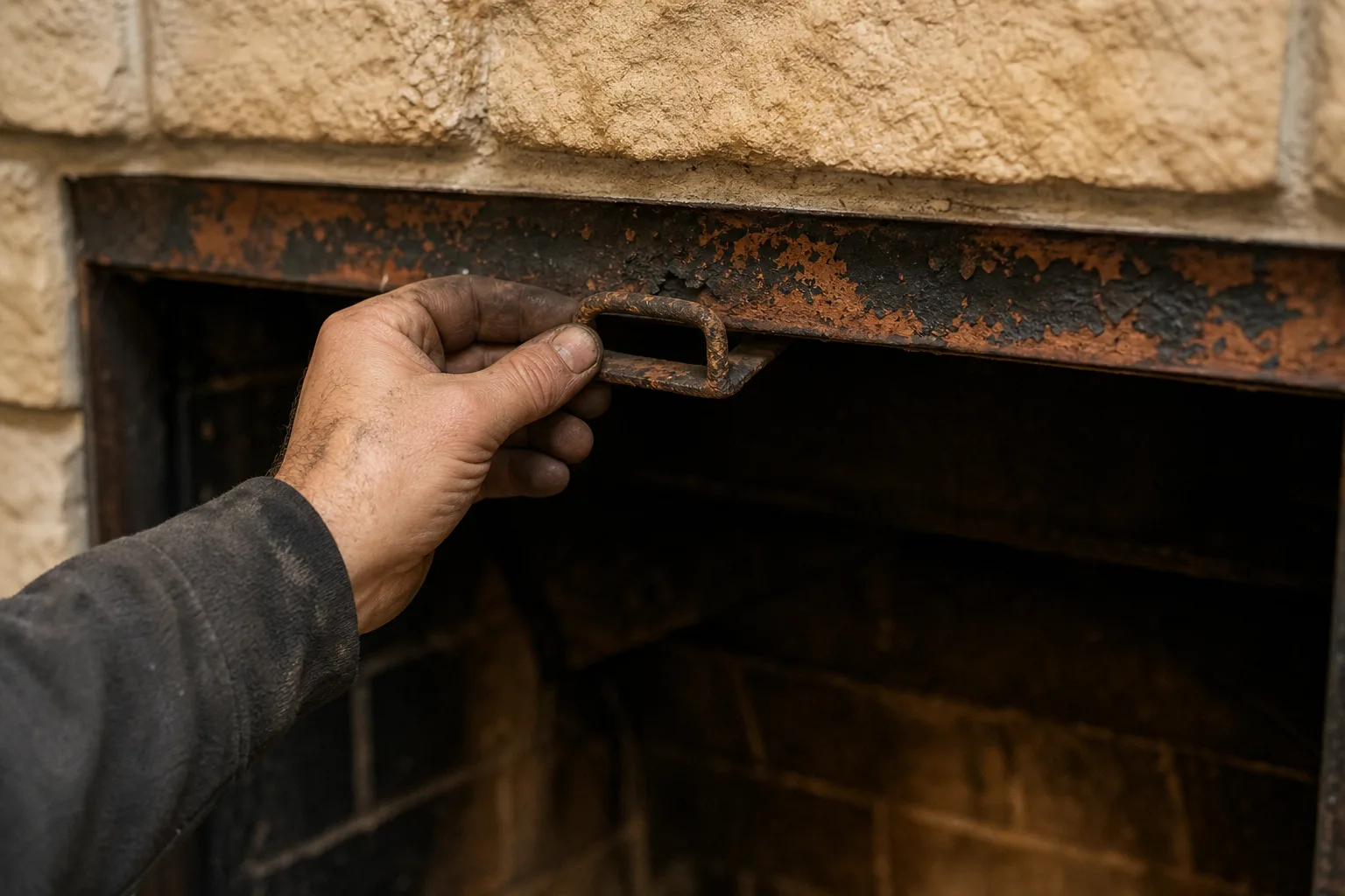 The fireplace damper handle being tested by hand inside a sooty masonry firebox