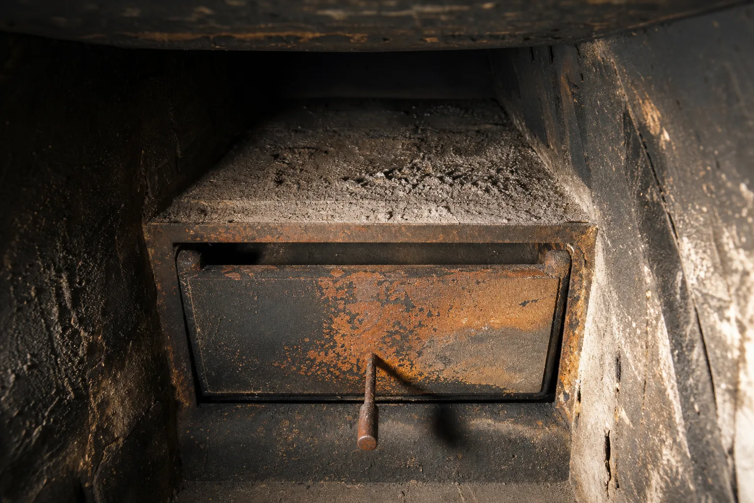 The fireplace damper and smoke shelf seen looking up into the throat under a work light