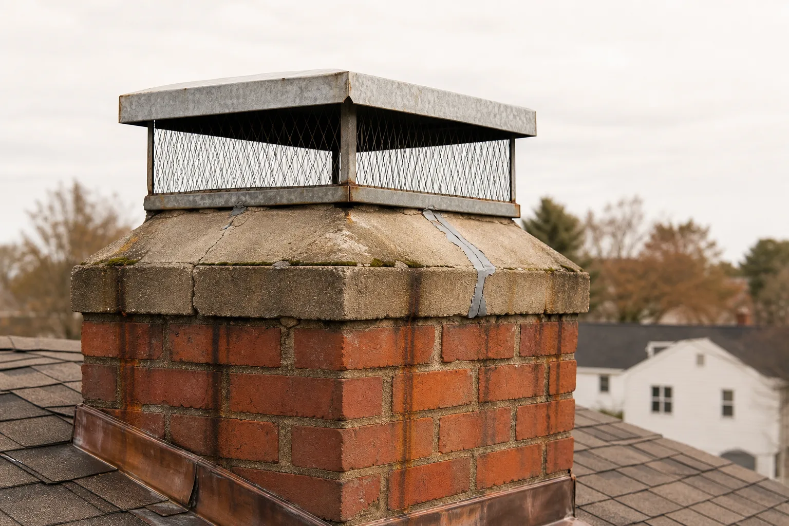 The fireplace chimney crown and cap in typical weathered condition, cracked mortar and a rusting mesh spark arrestor