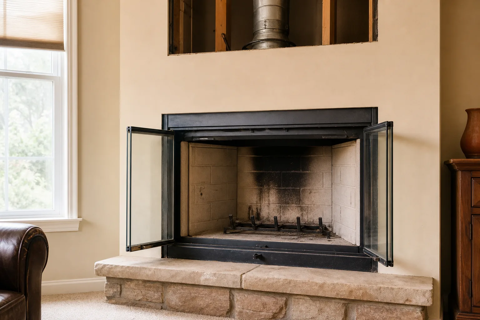The fireplace as a prefab unit, a metal firebox with refractory panels and a round metal chimney pipe above