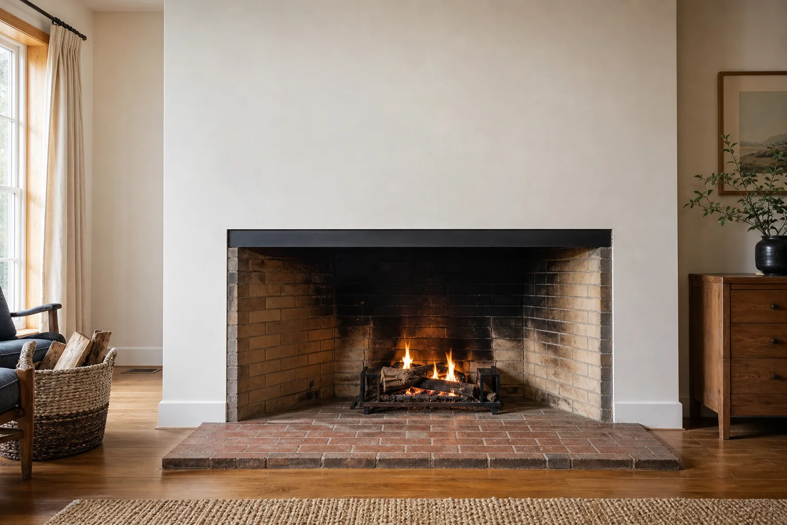 The fireplace seen from a living room, a sooty masonry firebox with a steel lintel and brick hearth