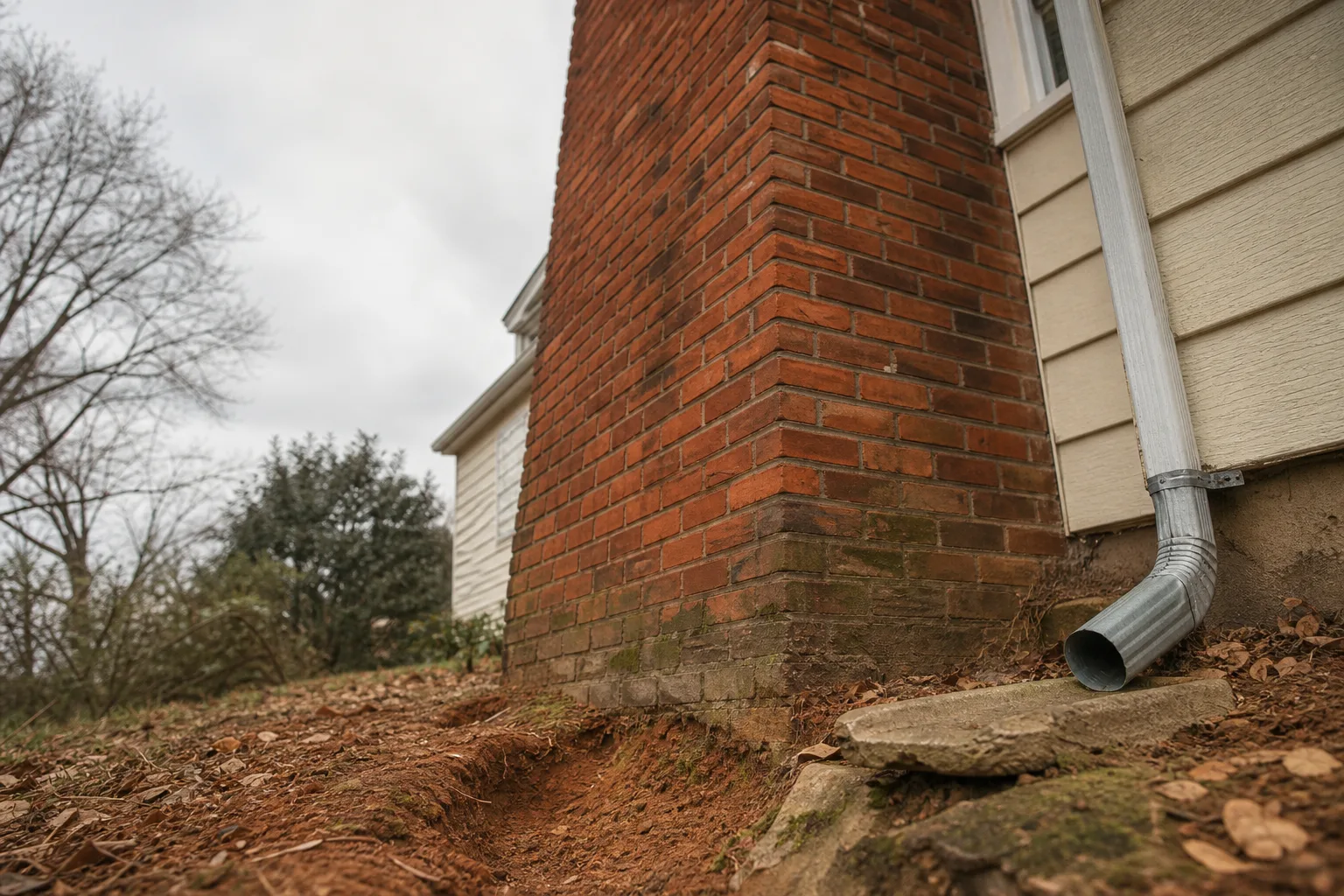 Chimney pulling away from house walls: the chimney footing area where a downspout erodes clay soil