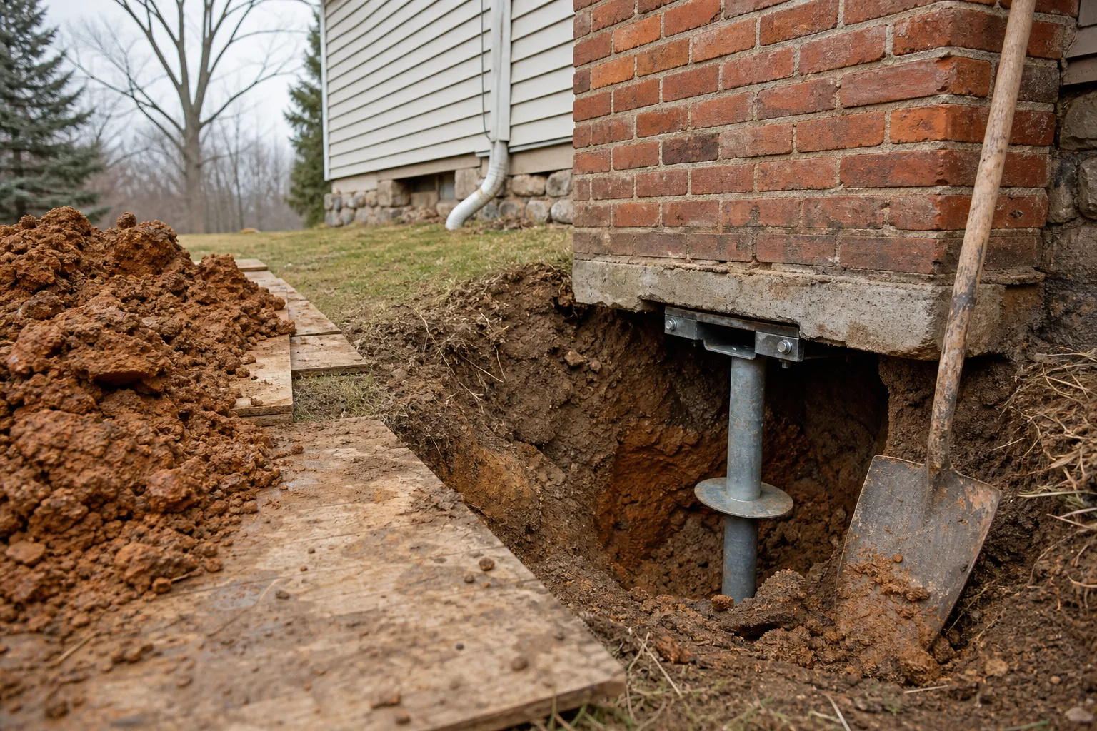 Chimney pulling away from house walls repaired by underpinning the footing with a helical pier