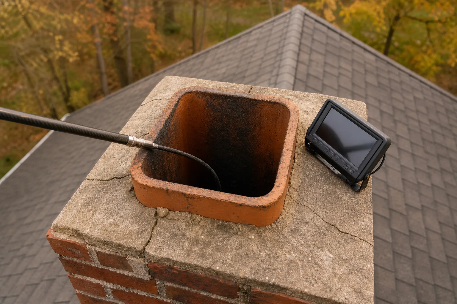 Chimney pulling away from house structure needs a camera inspection down the clay tile flue