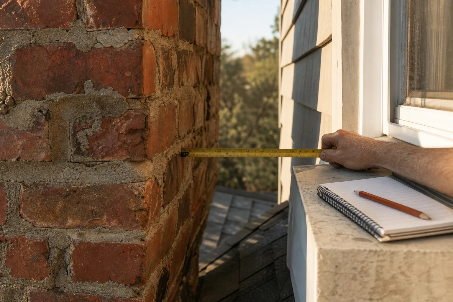 Chimney pulling away from house: a tape measure spanning the gap to document its width and date