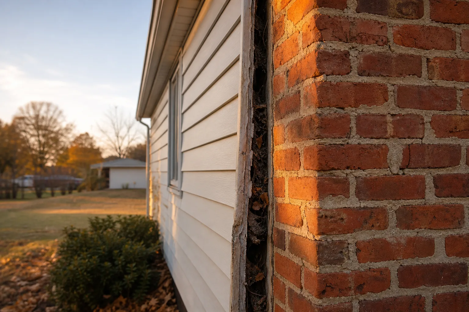 Chimney pulling away from house siding, a wedge-shaped gap between brick stack and vinyl wall
