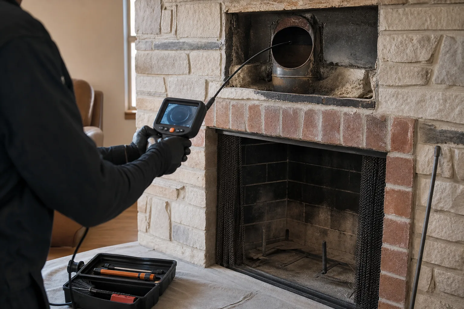 Wood stove chimney inspection using a camera inside an existing masonry flue