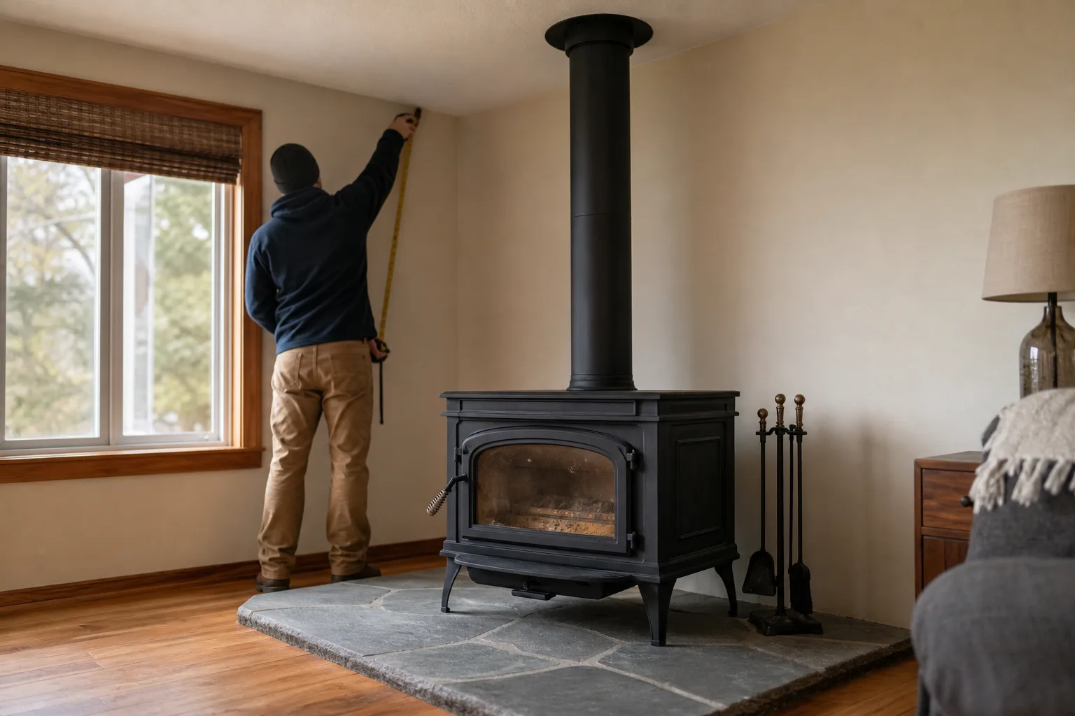 Wood stove clearances measured from combustible walls above a protected hearth