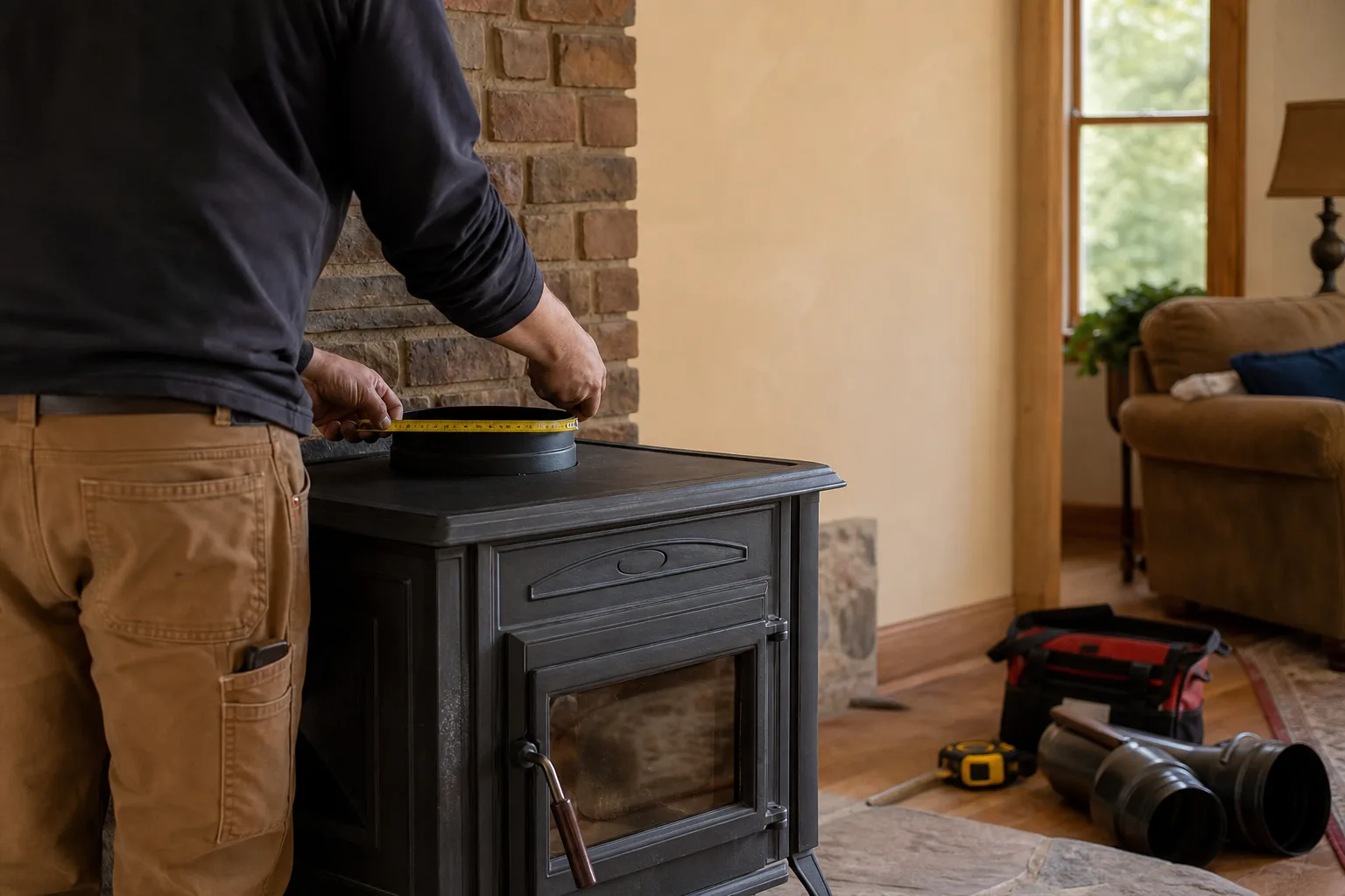 Wood stove installation planning with flue collar and connector route measurements