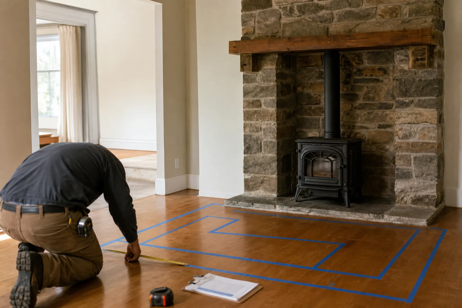 Wood stove installation footprint marked beside a measured hearth and clear ceiling route