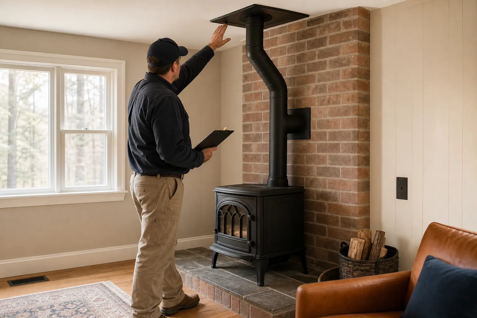 Wood stove installation inspector checking hearth, connector pipe, and wall clearances