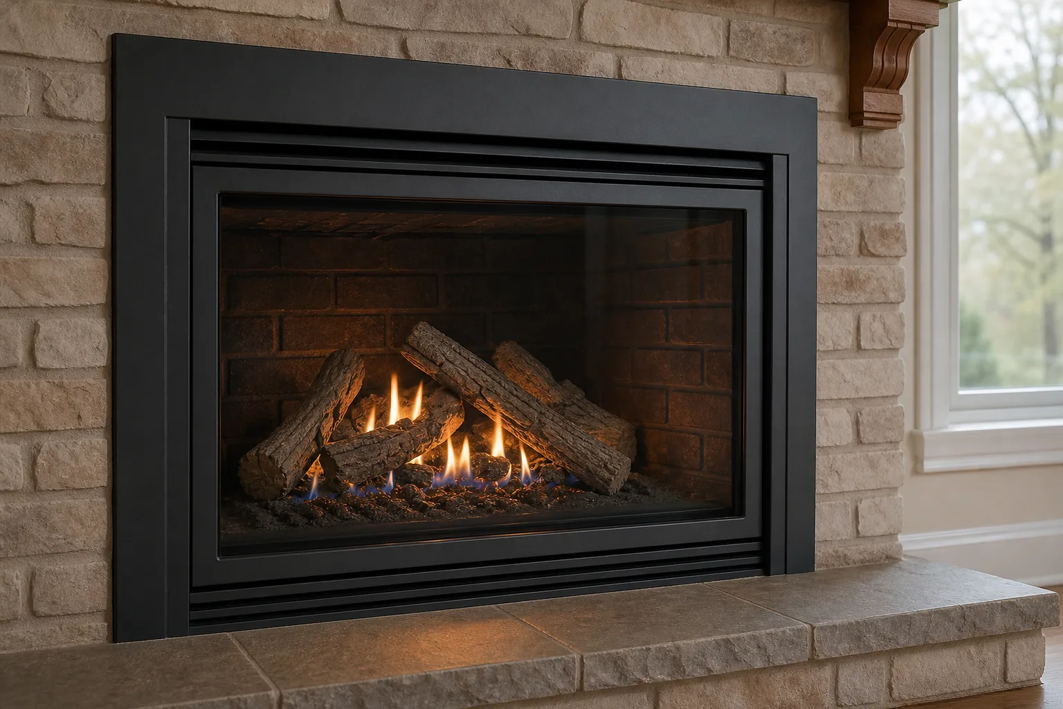 Gas fireplace repair cost result: the same fireplace glass panel clear and sound with the burner flame visible