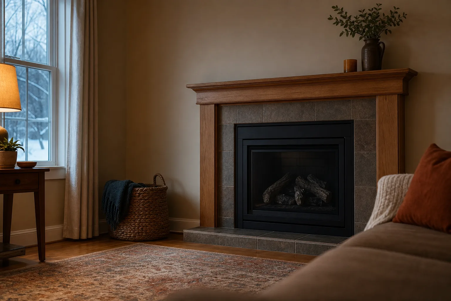 Gas fireplace repair cost starts here: an unlit direct-vent gas fireplace in a living room on a cold evening